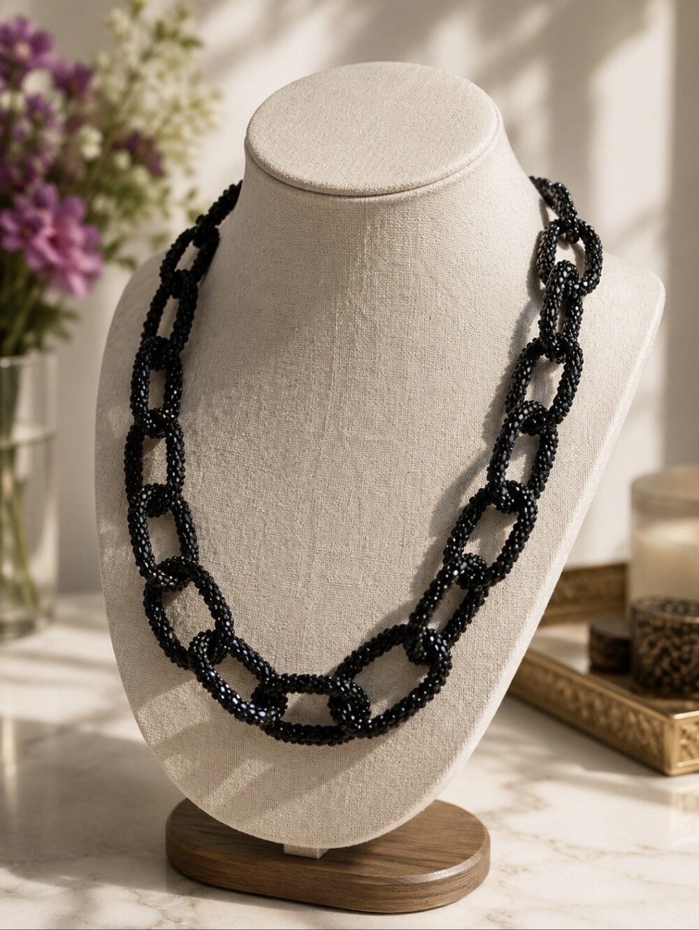 Bold Black Textured Sttetchy Soft  Necklace with Crystalline Links